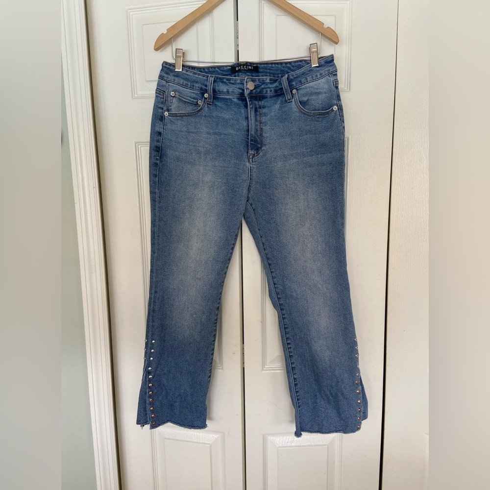 Baccini Women's Size 12 Blue Straight Jeans Stud Detail Raw Hem